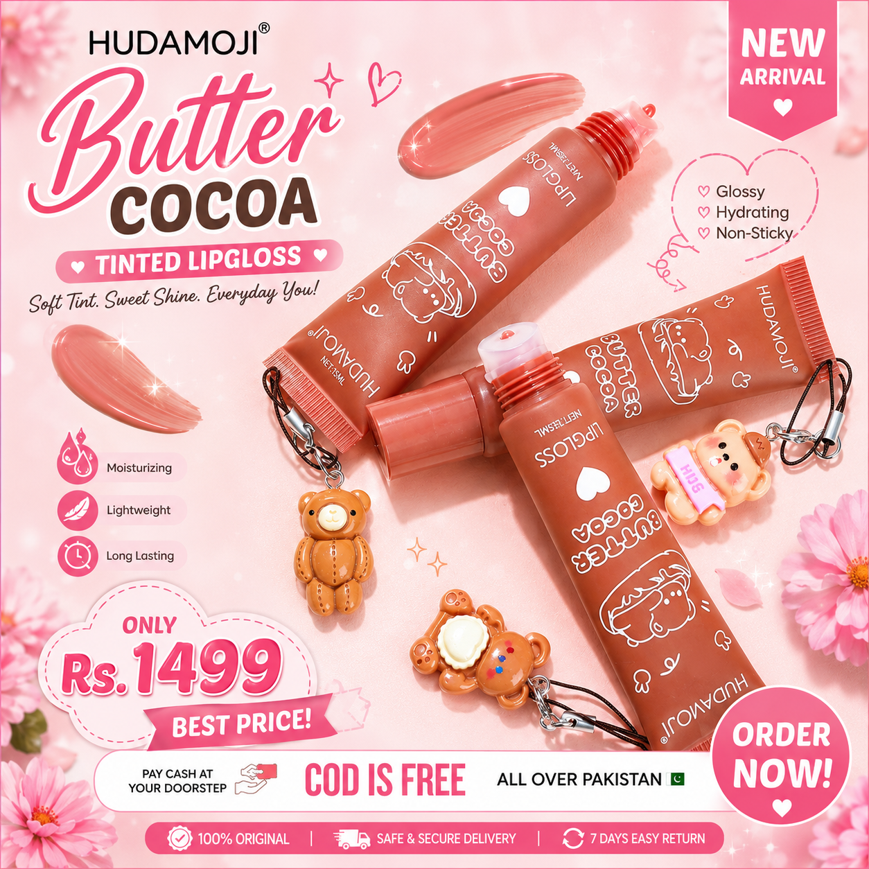 HudaMoji Butter Cocoa Lip Gloss – Cute Bear Keychain Hydrating Gloss For Soft & Shiny Lips(Pack 0f 2)