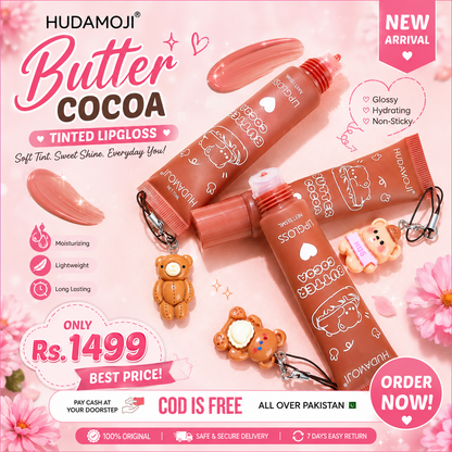 HudaMoji Butter Cocoa Lip Gloss – Cute Bear Keychain Hydrating Gloss For Soft & Shiny Lips(Pack 0f 2)