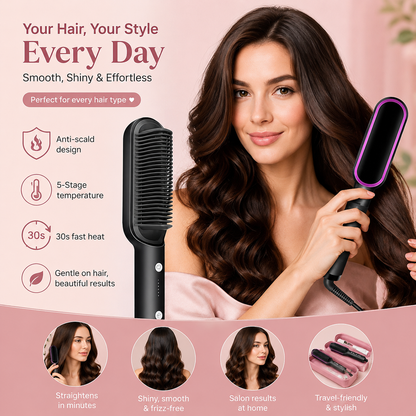 2-in-1 Electric Hair Straightening Comb & Styling Brush – Fast Heat, Anti-Scald, 5 Temperature Modes