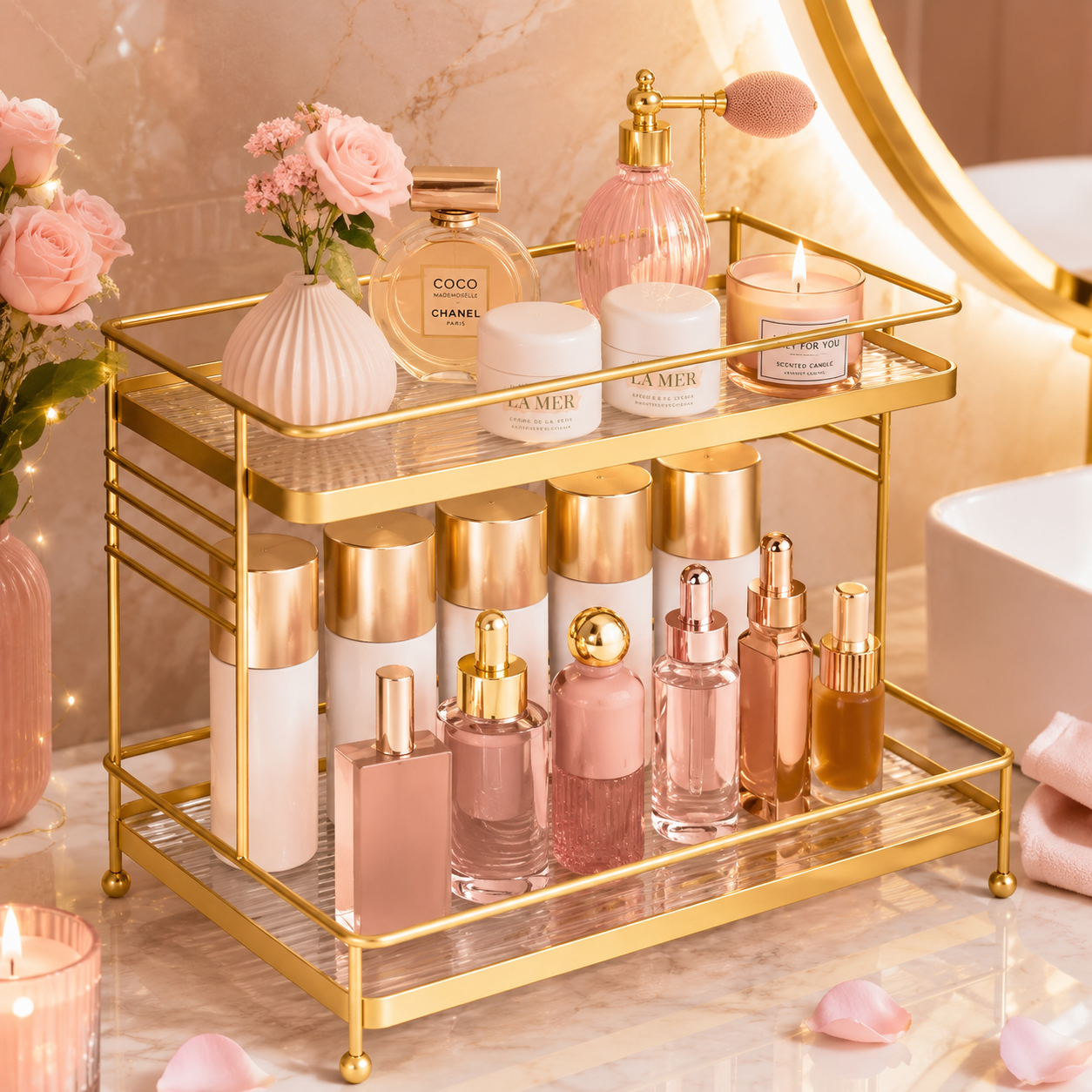 Luxury 2-Tier Gold Cosmetic Organizer Rack – Premium Makeup & Skincare Storage Stand