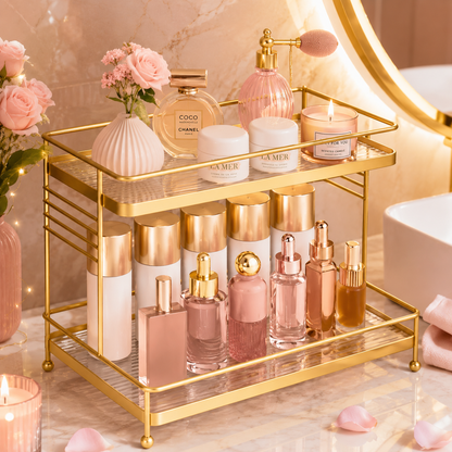 Luxury 2-Tier Gold Cosmetic Organizer Rack – Premium Makeup & Skincare Storage Stand
