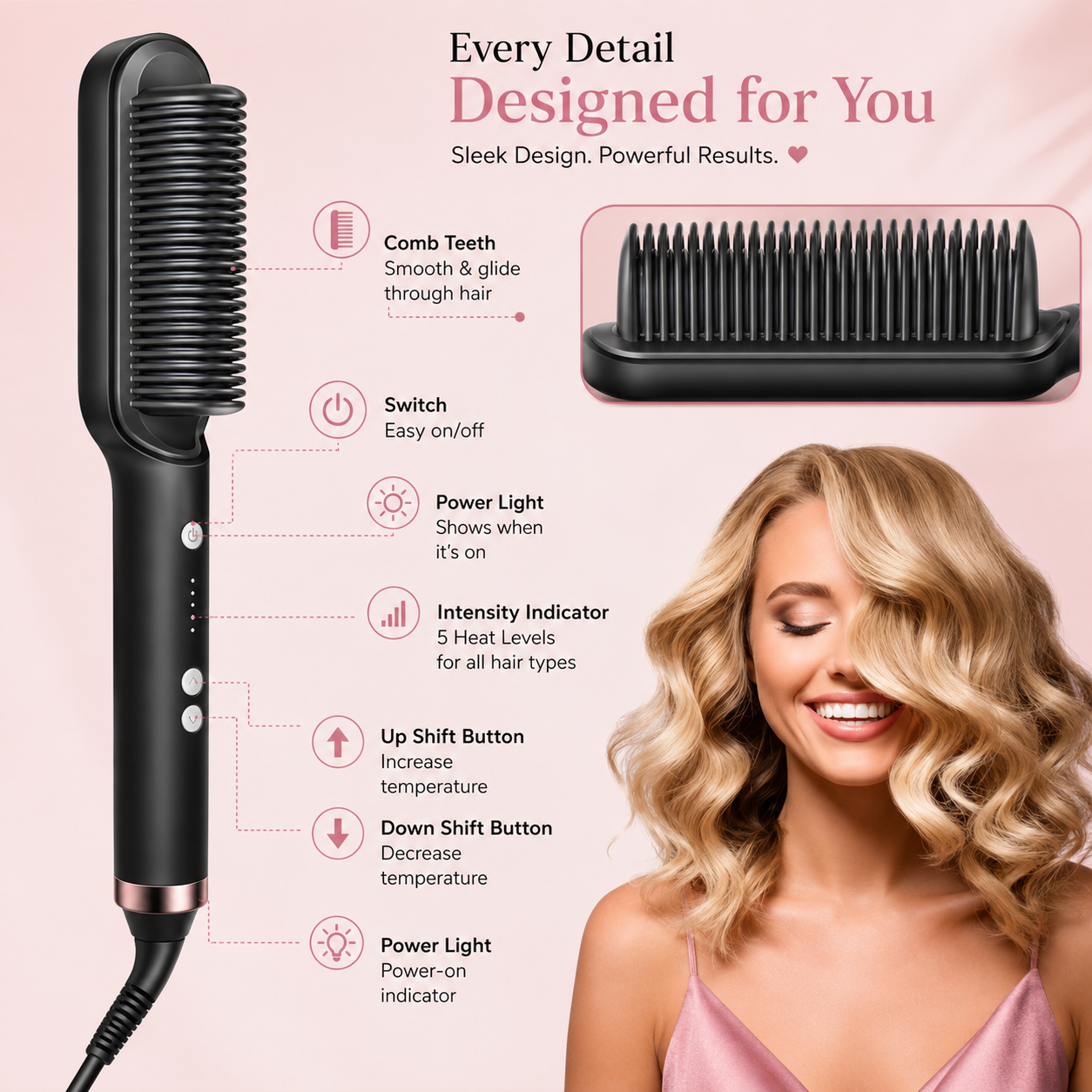 2-in-1 Electric Hair Straightening Comb & Styling Brush – Fast Heat, Anti-Scald, 5 Temperature Modes