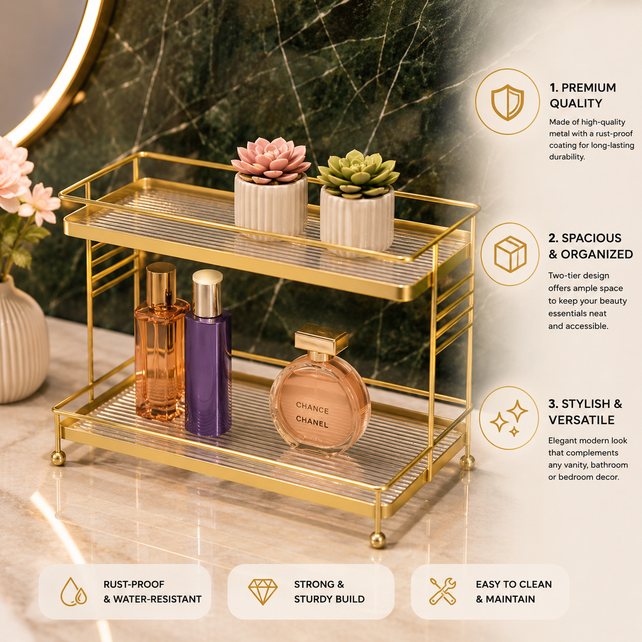 Luxury 2-Tier Gold Cosmetic Organizer Rack – Premium Makeup & Skincare Storage Stand