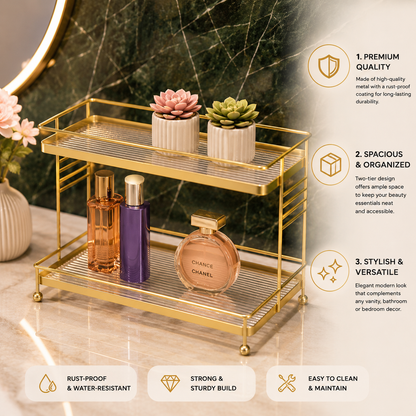 Luxury 2-Tier Gold Cosmetic Organizer Rack – Premium Makeup & Skincare Storage Stand