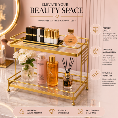 Luxury 2-Tier Gold Cosmetic Organizer Rack – Premium Makeup & Skincare Storage Stand