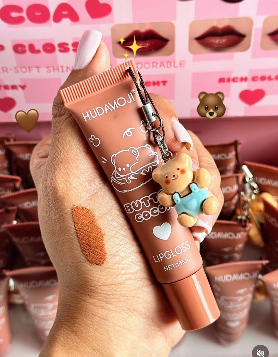 HudaMoji Butter Cocoa Lip Gloss – Cute Bear Keychain Hydrating Gloss For Soft & Shiny Lips(Pack 0f 2)