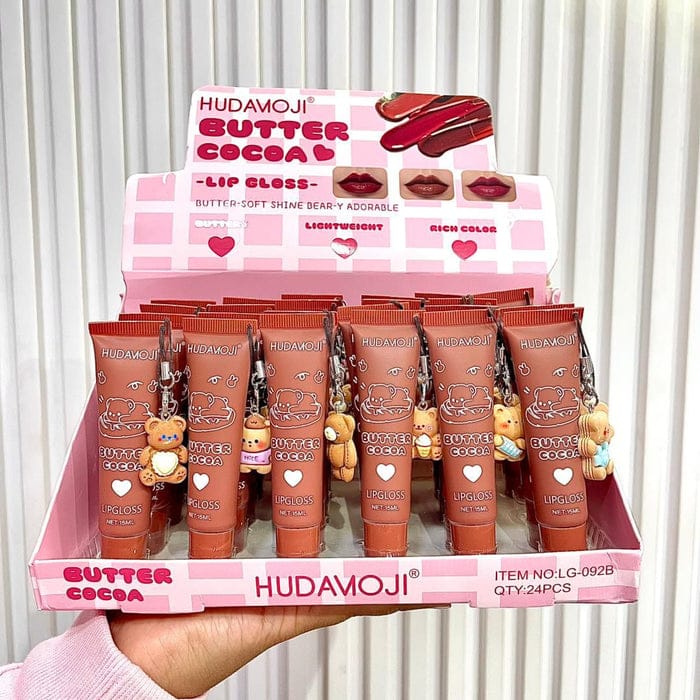 HudaMoji Butter Cocoa Lip Gloss – Cute Bear Keychain Hydrating Gloss For Soft & Shiny Lips(Pack 0f 2)