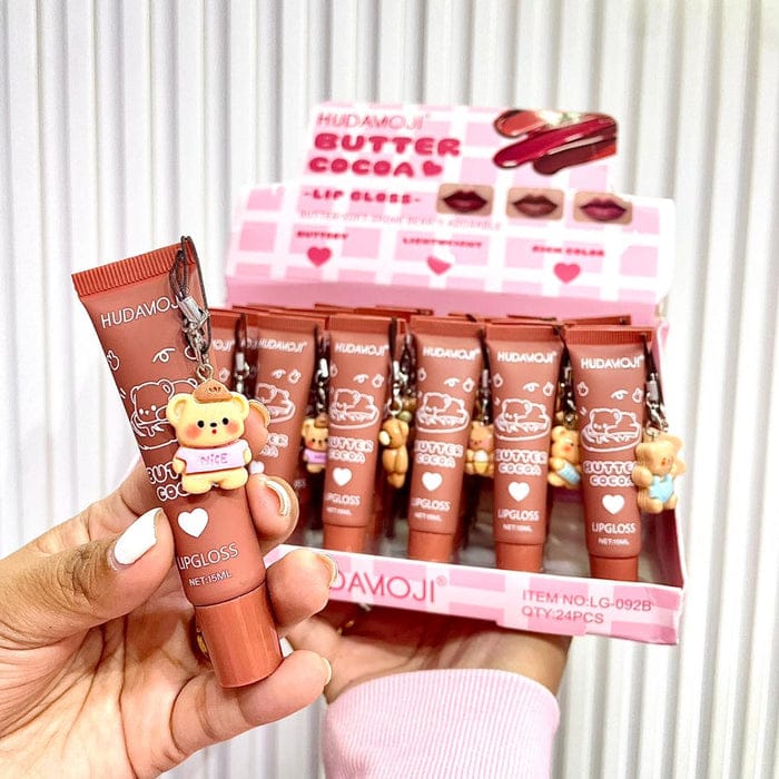 HudaMoji Butter Cocoa Lip Gloss – Cute Bear Keychain Hydrating Gloss For Soft & Shiny Lips(Pack 0f 2)