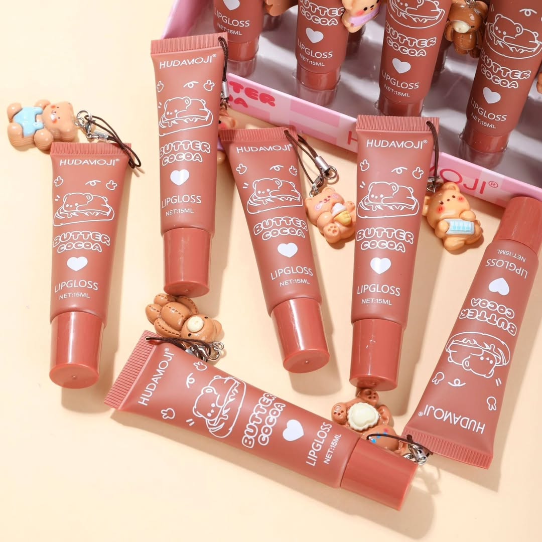 HudaMoji Butter Cocoa Lip Gloss – Cute Bear Keychain Hydrating Gloss For Soft & Shiny Lips(Pack 0f 2)
